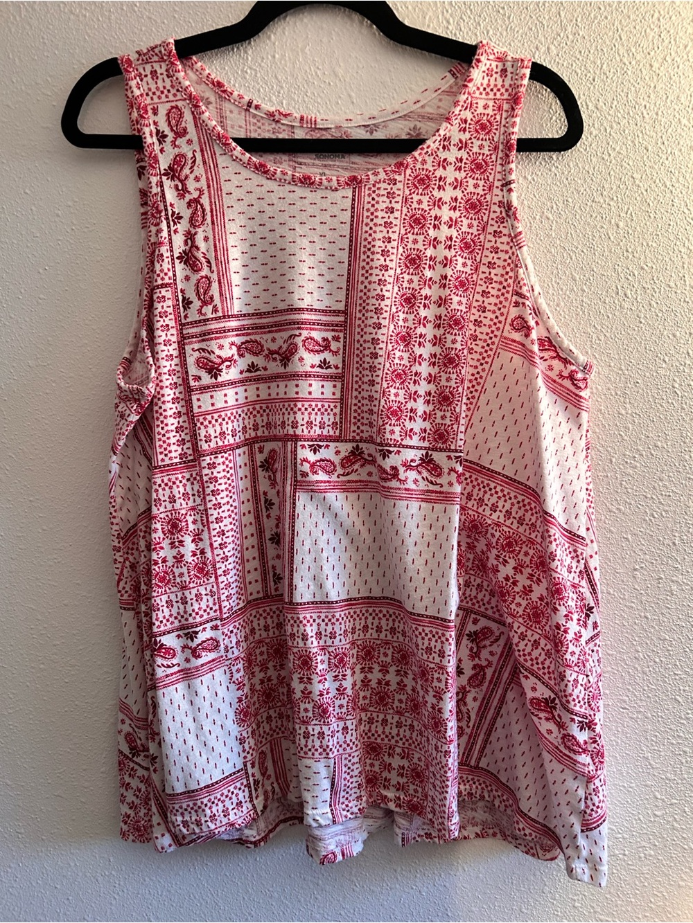 Sonoma White Tank Top with Red Patchwork Print